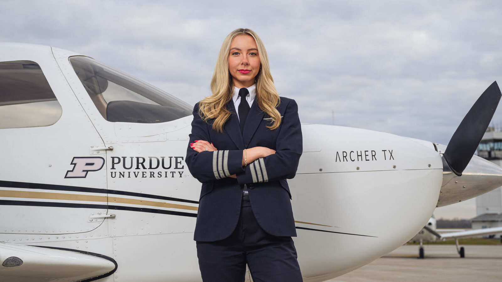 Brittany Gallarneau (BS professional flight ’21) narrates the "Boilermakers in Flight” video. (Purdue University photo/The Persistent Pursuit)